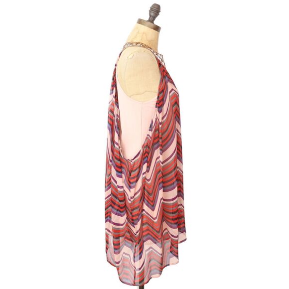 FREE PEOPLE Sequin Chevron Striped Mini Dress S A-Line Swing Pink Red EUC B15 - Picture 3 of 6